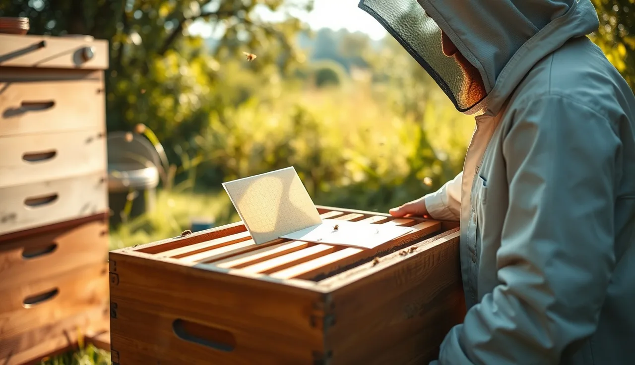 Beekeeper placing a formic acid pad flat on hive top bars during varroa treatment