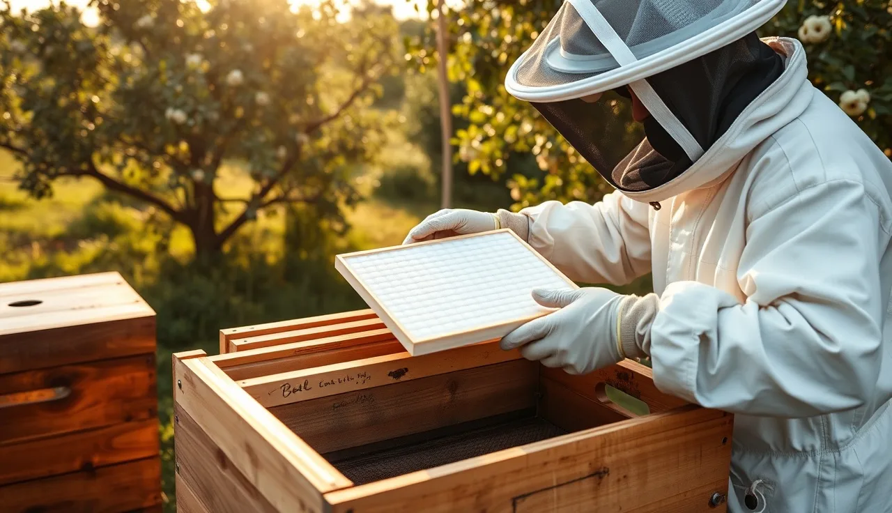 Beekeeper placing a formic acid pad on top bars inside an open beehive