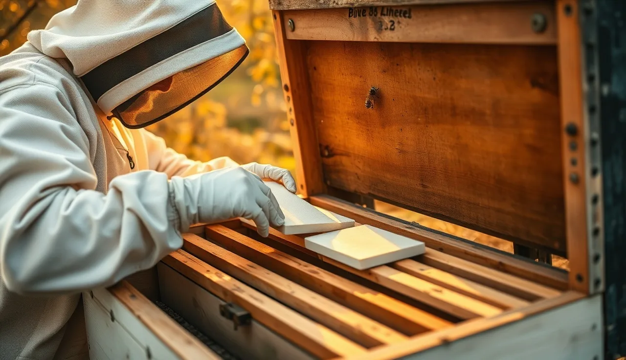 Beekeeper placing formic acid treatment pads on hive top bars in autumn orchard