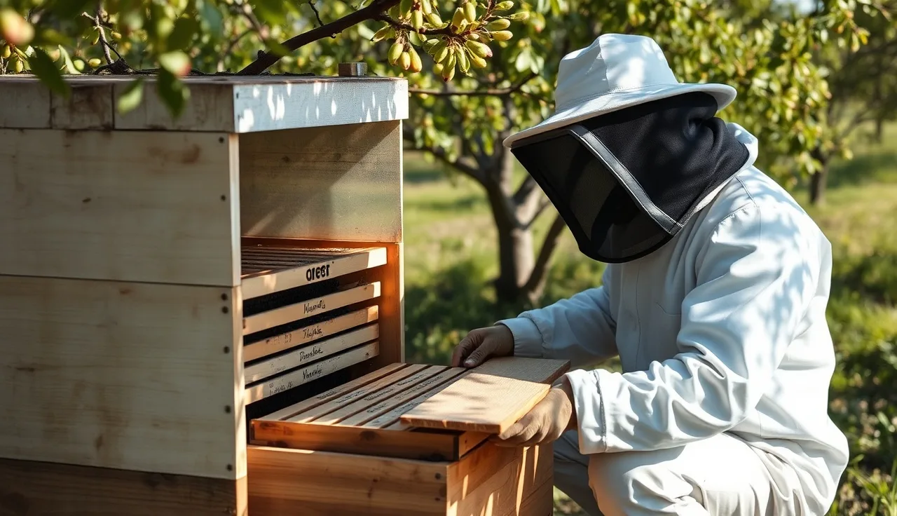 Beekeeper placing formic acid treatment pads on brood frames in open hive