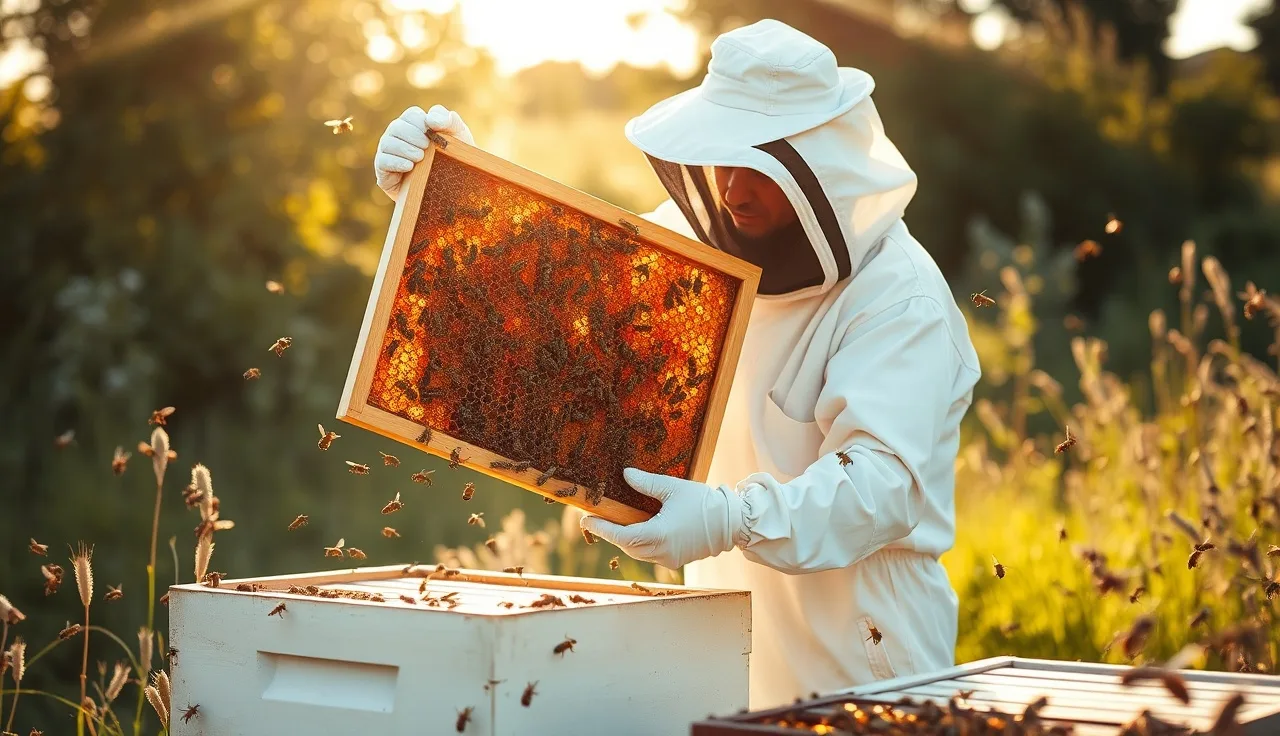 Beekeeper inspecting a brood frame from a summer hive for varroa mites