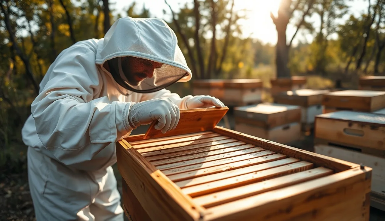 Beekeeper placing Formic Pro formic acid strips on top bars of brood box