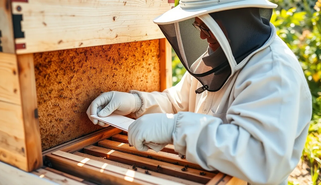 Beekeeper placing formic acid strips on brood frames inside an open beehive