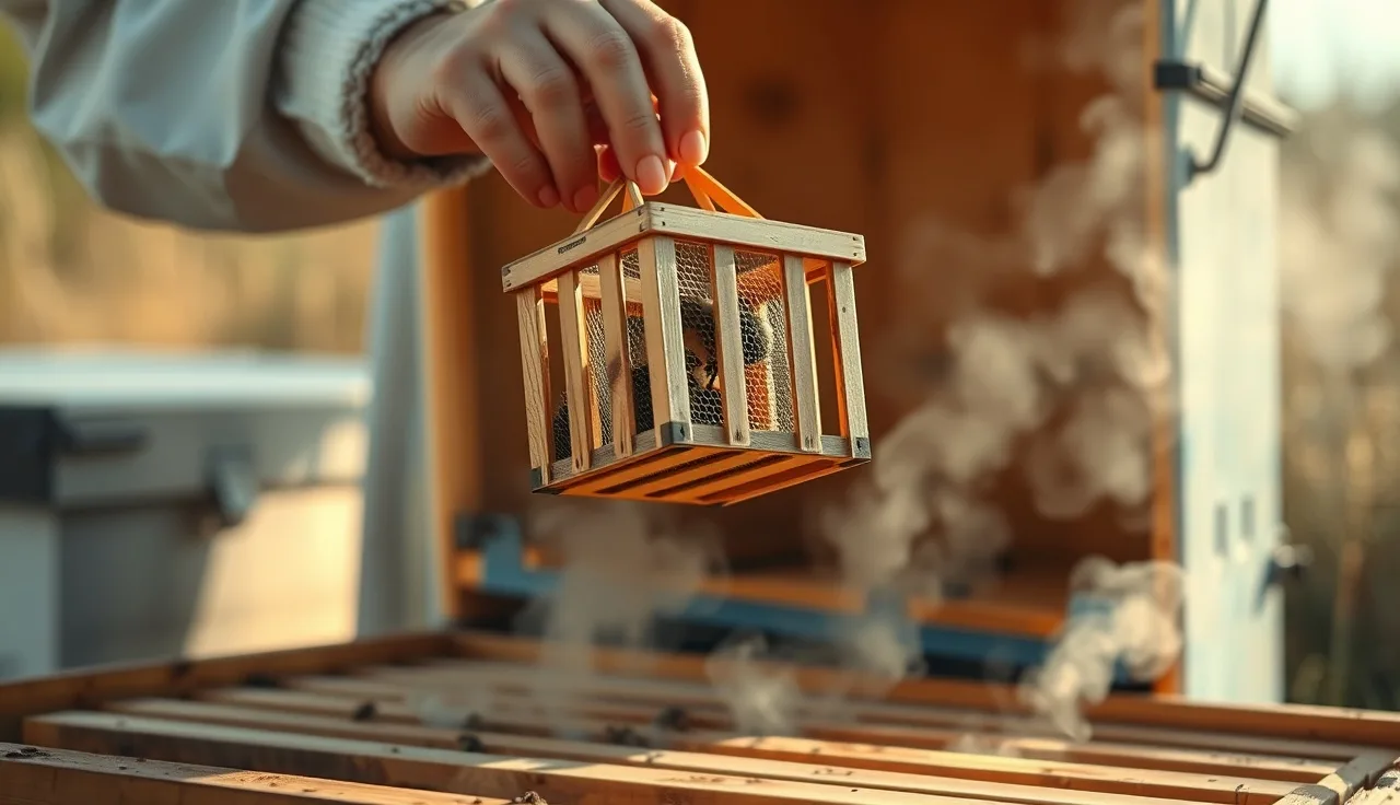 Beekeeper holding a wooden queen bee shipping cage over an open hive