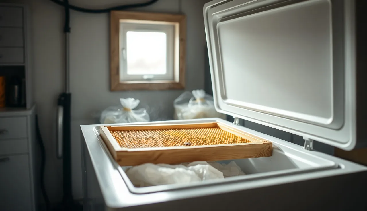 Drawn honey bee comb frame inside an open chest freezer to kill varroa mites