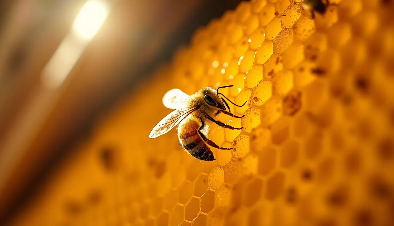 Honey bee grooming a nestmate on sunlit comb inside a wooden hive