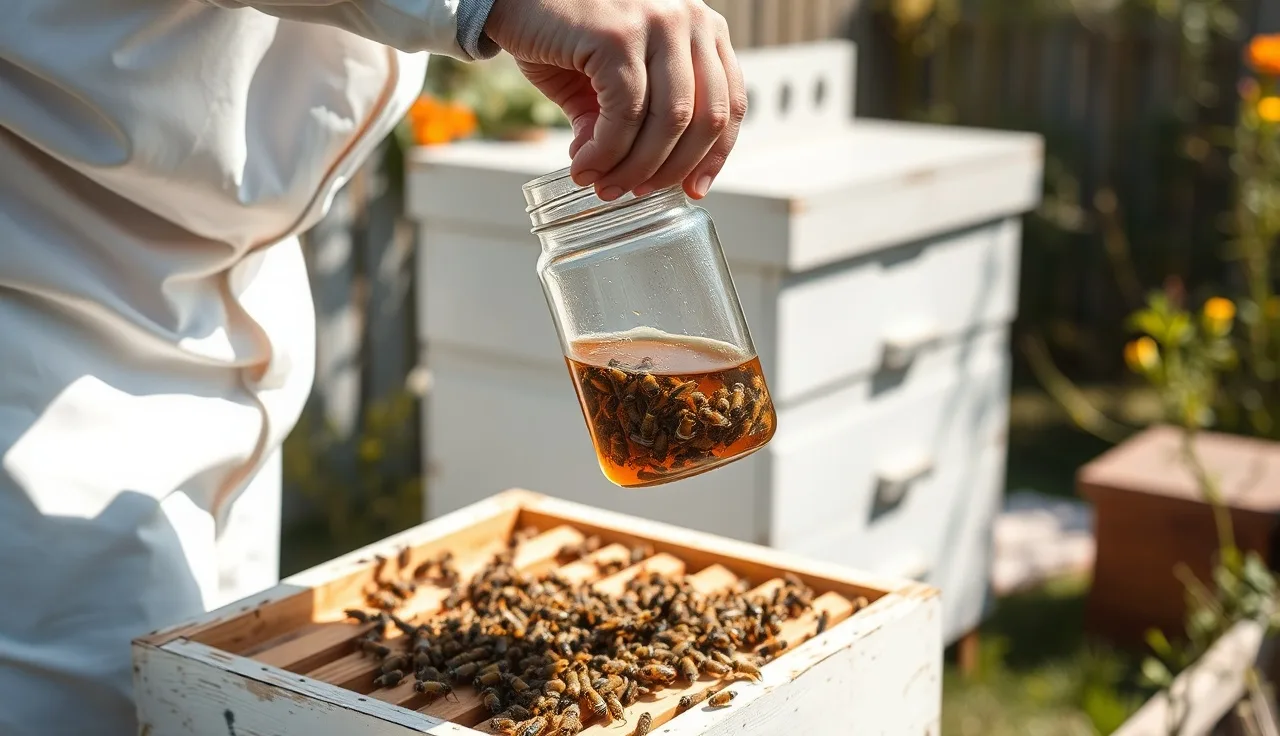 Beekeeper holding a glass jar with half cup of bees for varroa mite wash