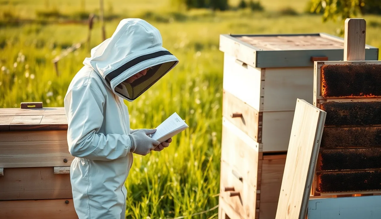 Beekeeper recording hive inspection notes on a paper journal at an apiary