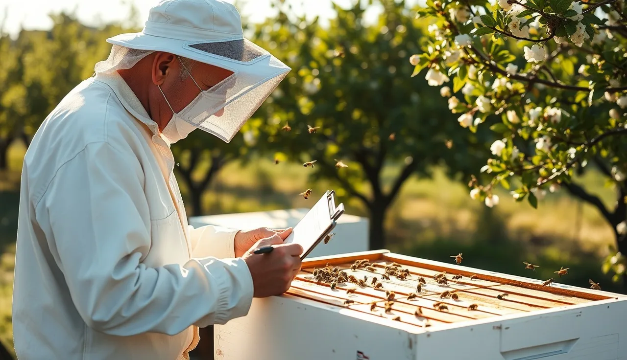Beekeeper recording notes on a clipboard during an open hive inspection