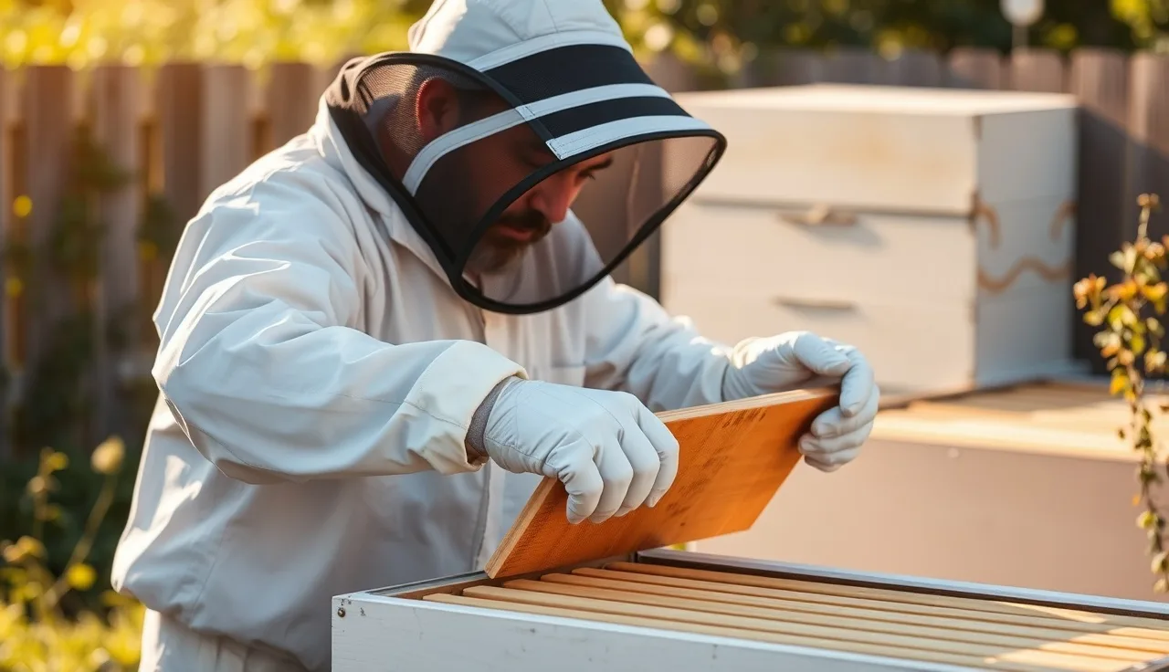 Beekeeper inspecting a frame with Apivar treatment strips hanging inside the hive