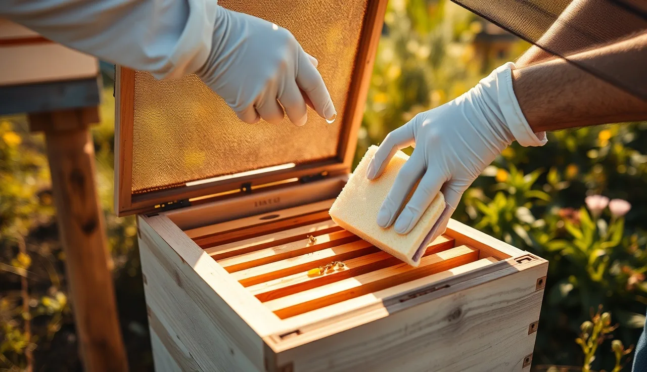 Beekeeper placing a thymol treatment pad on hive top bars outdoors