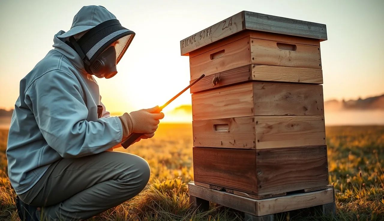 Beekeeper wearing respirator and gloves using a commercial oxalic acid vaporizer at a beehive entrance