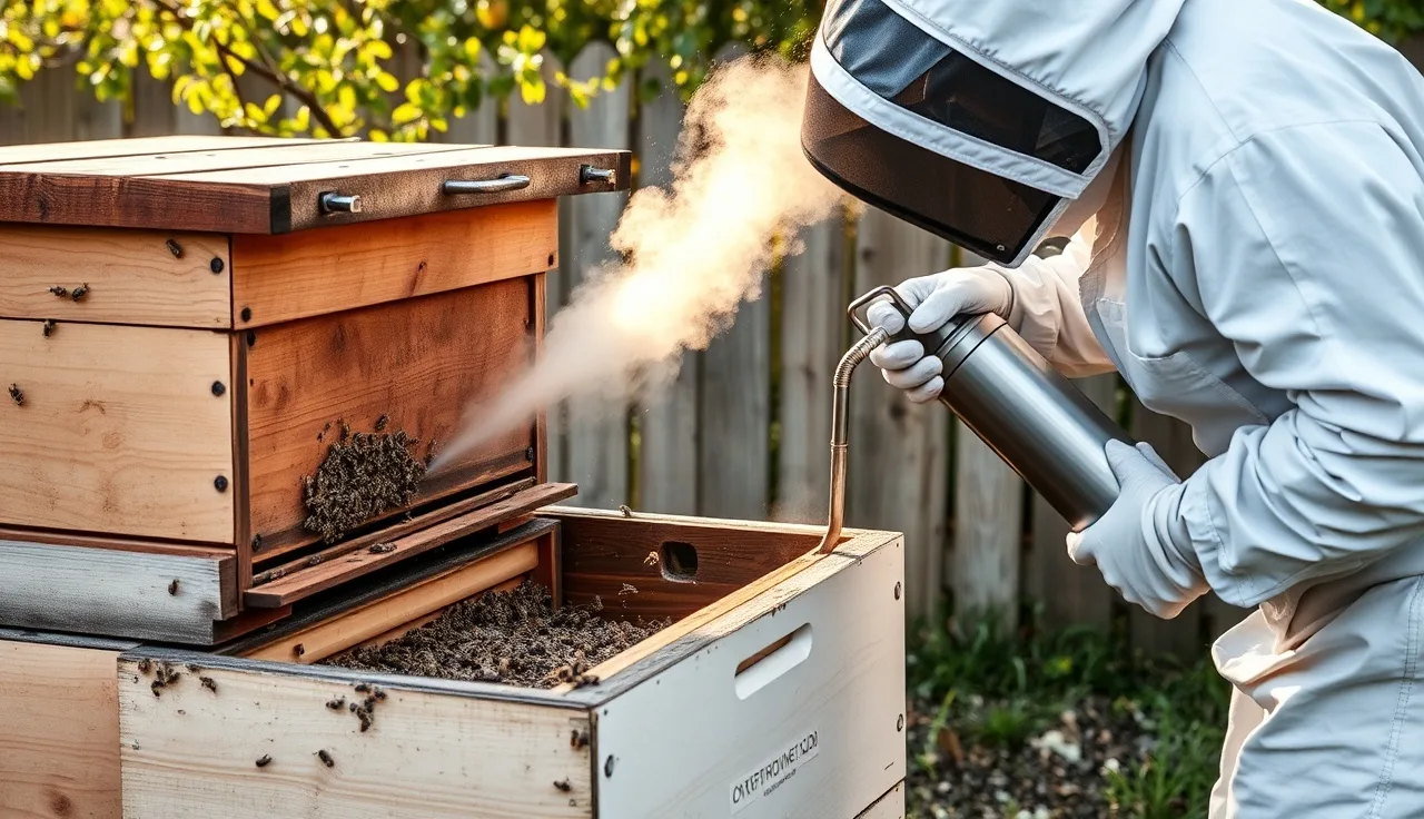 Beekeeper using oxalic acid vaporizer to treat varroa mites in a backyard hive