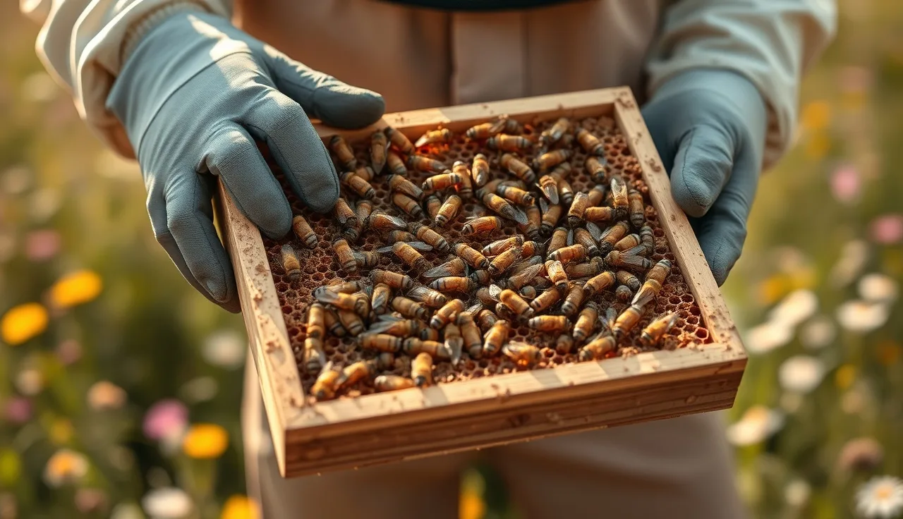 Beekeeper holding a frame of honey bees and honeycomb in golden afternoon light