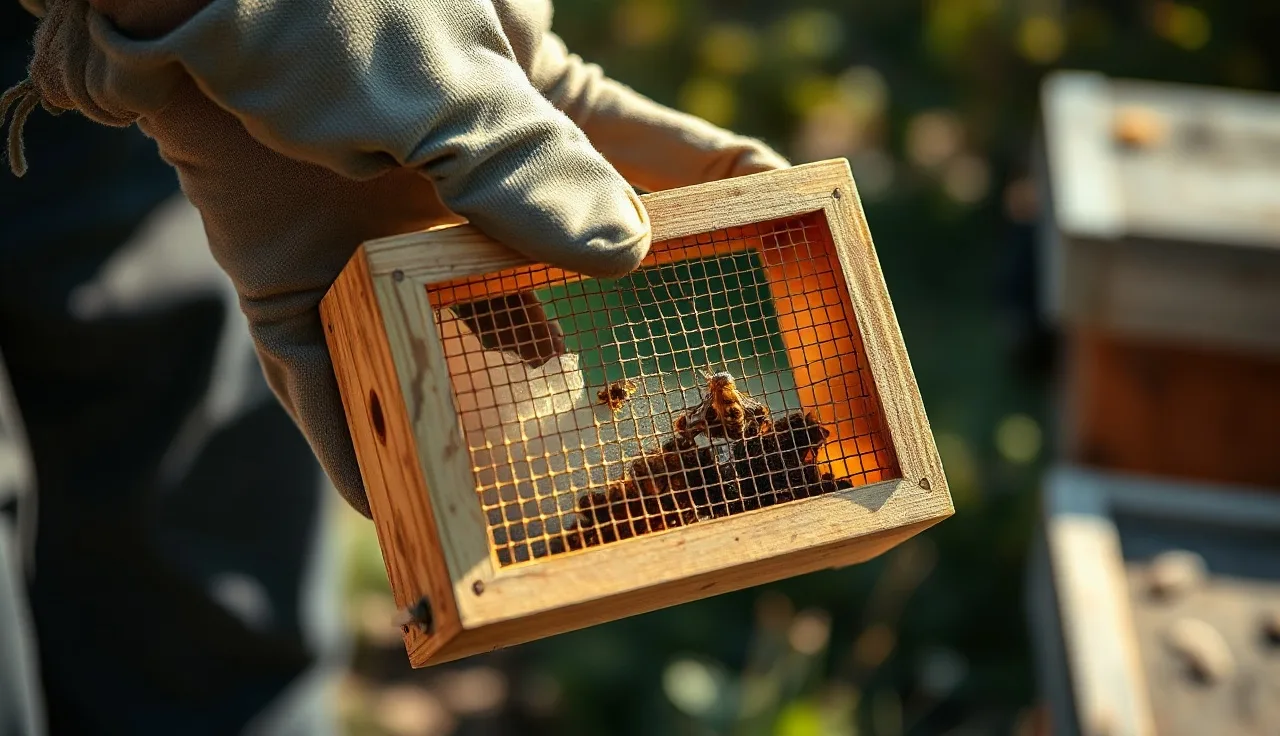 Beekeeper holding a small mesh queen cage with attendant bees in an outdoor apiary