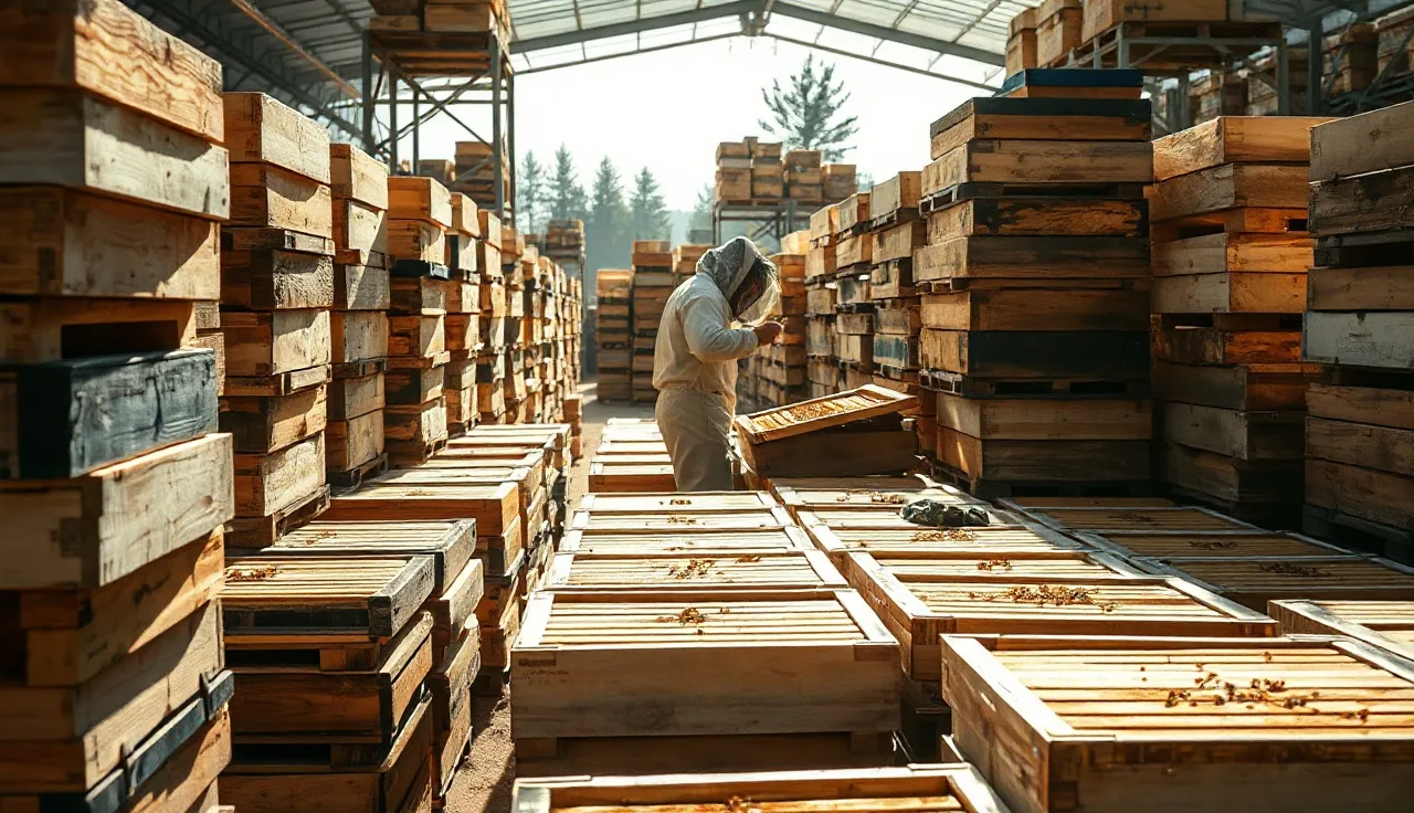 Stacked wooden beehive boxes and frames outside a beekeeping supply warehouse