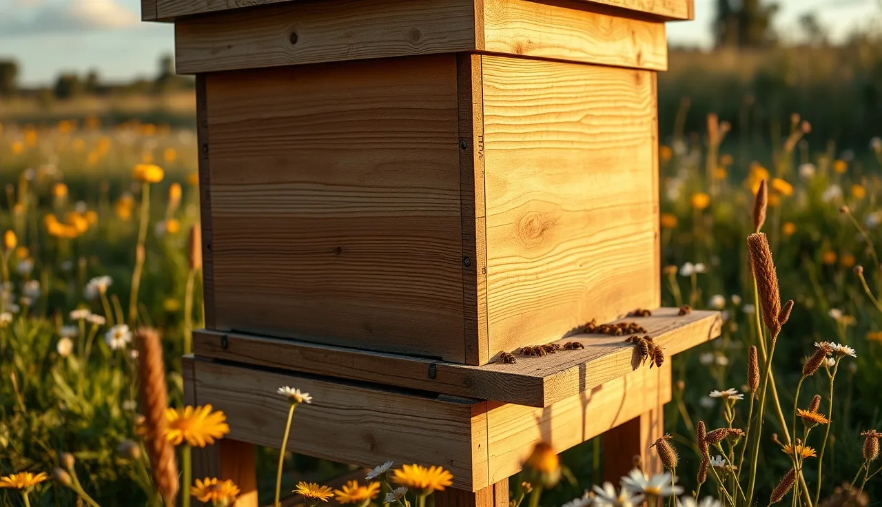 Langstroth beehive in wildflower meadow with bees at the entrance in afternoon light