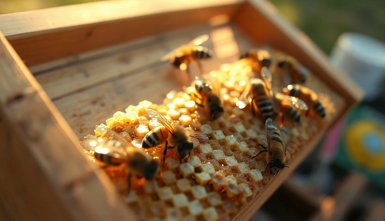Close-up of honey bees on a capped honeycomb frame in morning light