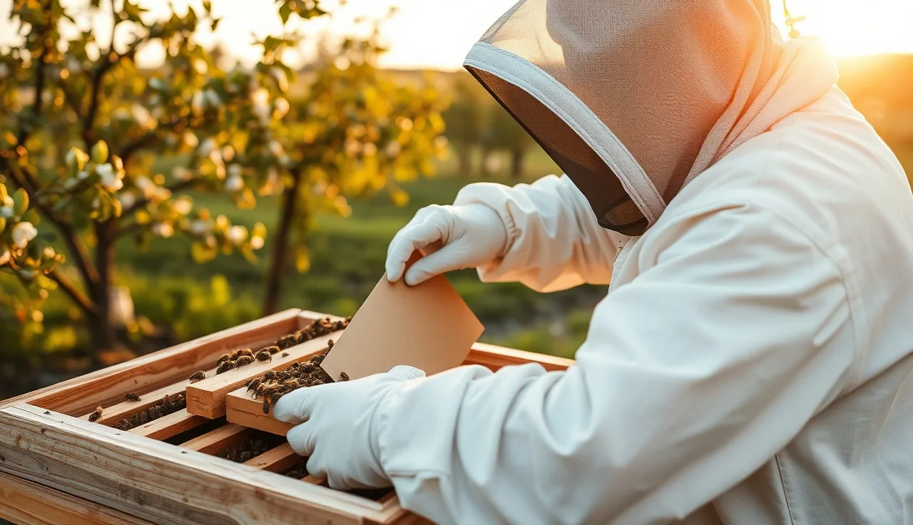 Beekeeper inserting a HopGuard treatment strip between frames in a Langstroth hive