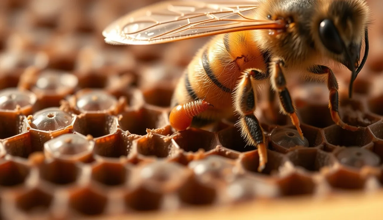 Varroa mite visible on a honey bee on a brood frame during hive inspection