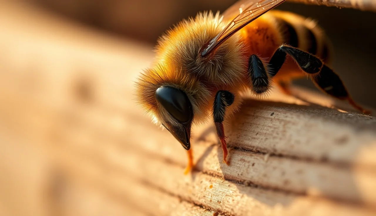 Honey bee on wooden hive frame with varroa mite visible on abdomen