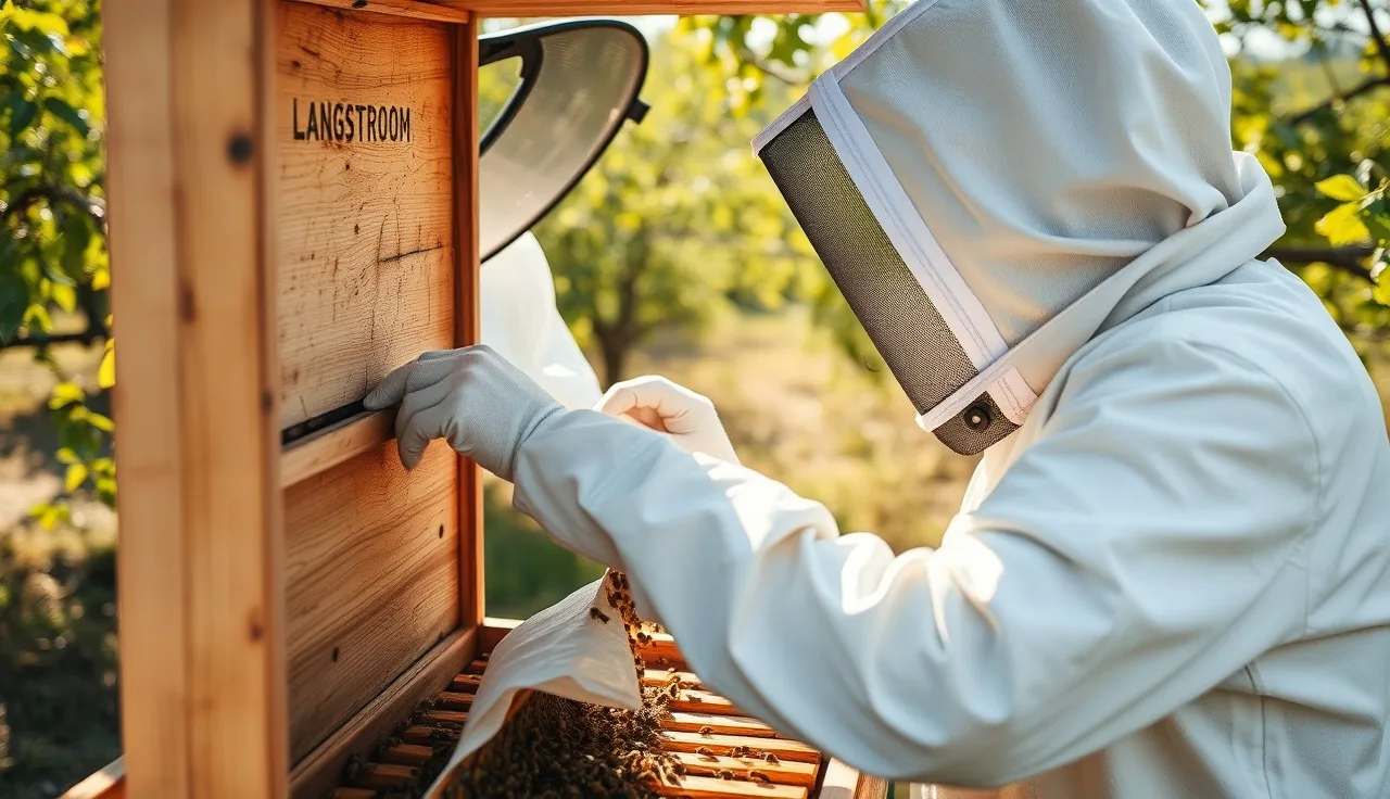 Beekeeper hanging an Apivar strip between frames inside a Langstroth hive box
