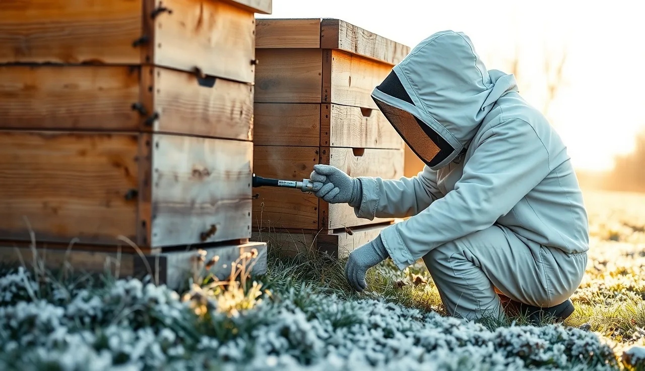 Beekeeper using an oxalic acid vaporizer at a hive entrance on a winter morning