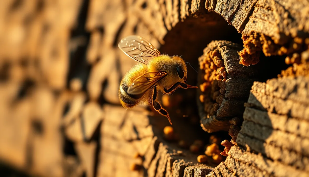 Honey bee returning to hive entrance where varroa mites spread between colonies