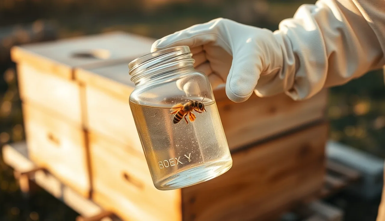 Beekeeper performing an alcohol wash mite count near hive boxes in fall