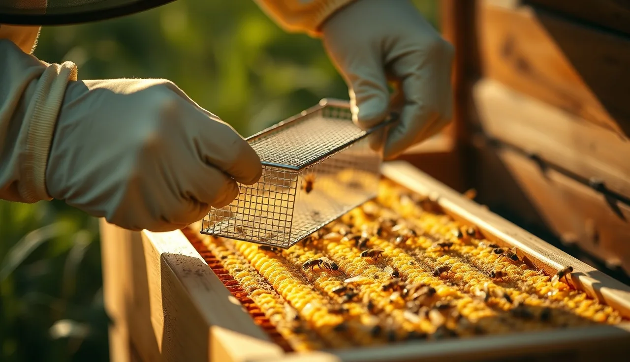 Beekeeper installing a wire mesh queen cage on honeycomb during a brood break