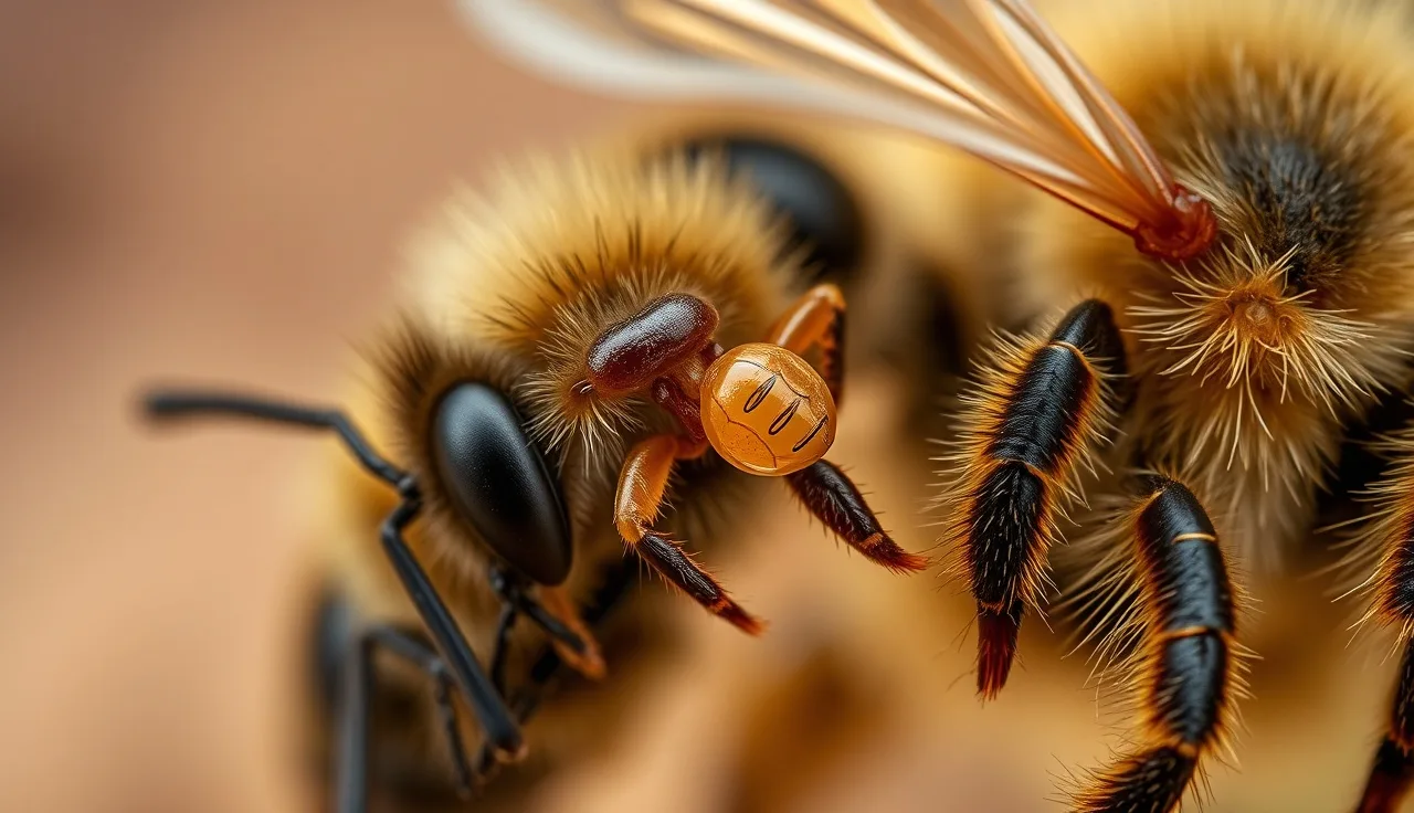Varroa mite visible on honey bee abdomen between tergite plates in close-up
