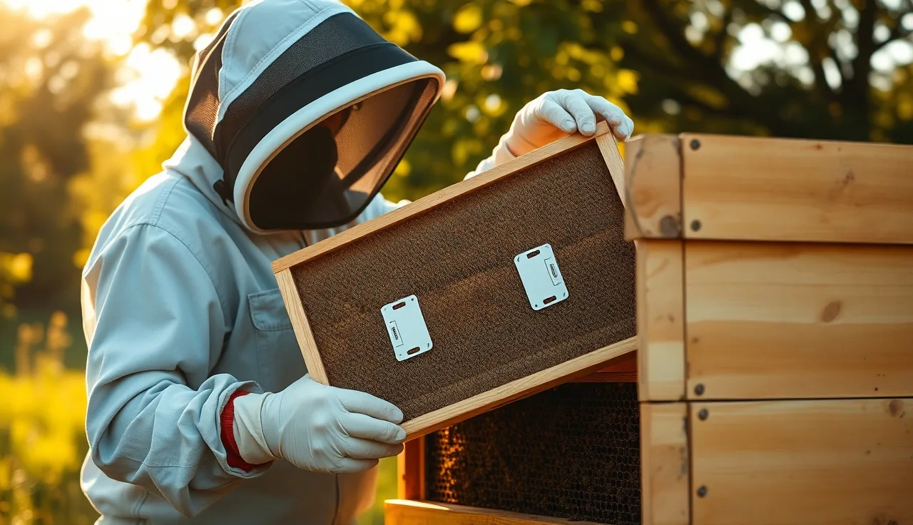 Beekeeper inspecting a hive frame with Apivar treatment strips visible between frames