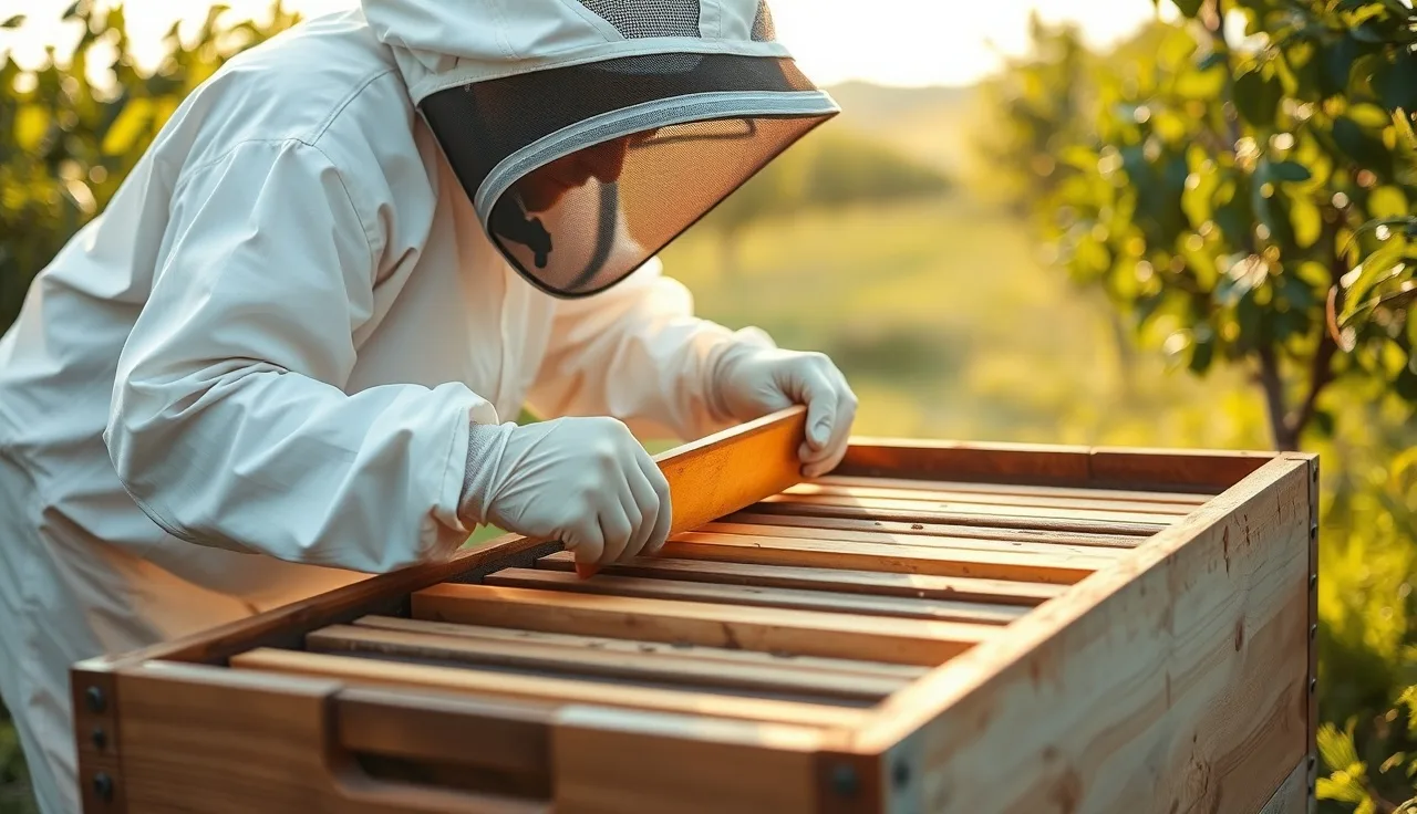 Beekeeper inserting an Apivar strip between frames in a wooden hive box