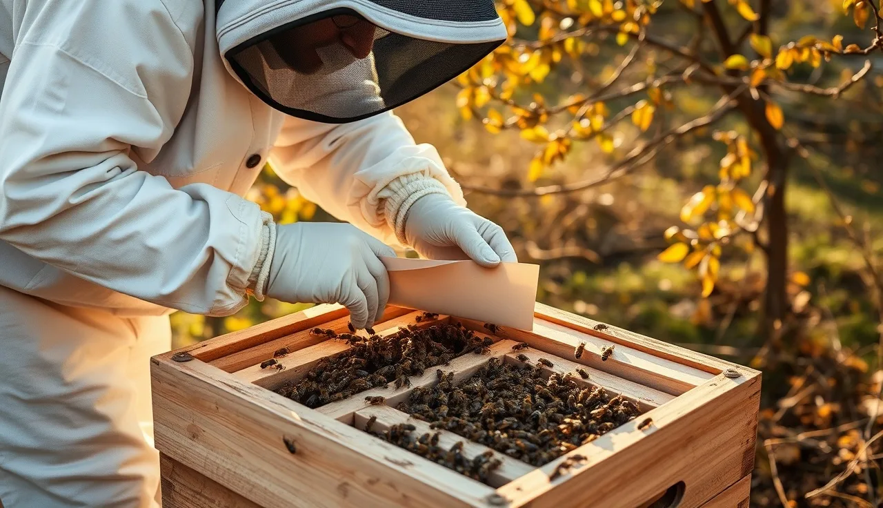 Beekeeper placing a glycerin oxalic acid strip between hive frames outdoors