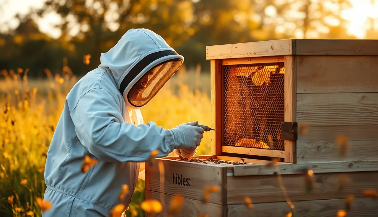 Beekeeper applying oxalic acid vaporization treatment at a wooden hive entrance in autumn light