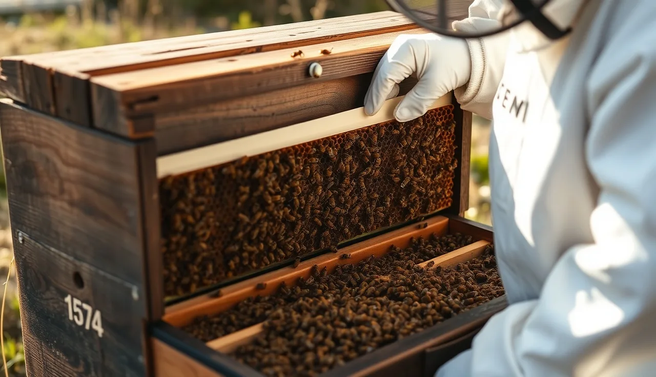 Beekeeper inserting an Apivar strip between brood frames in an open hive