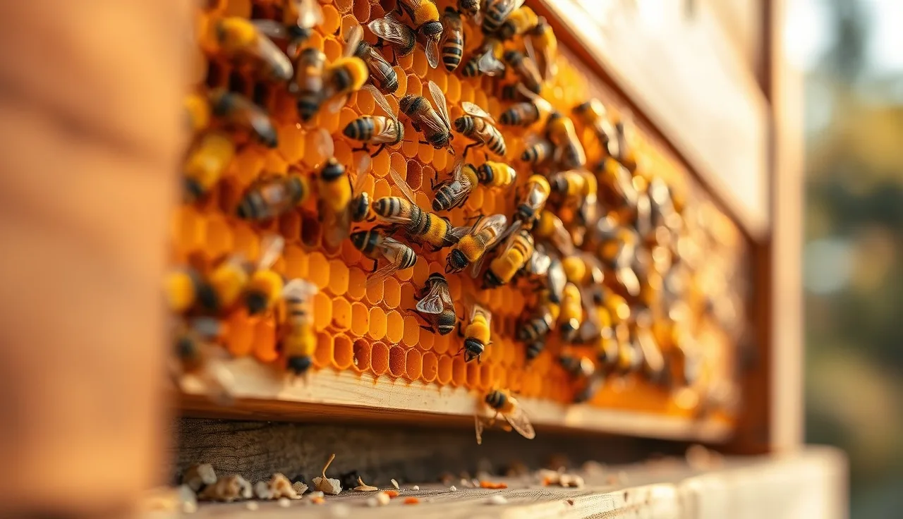Macro shot of honeybee frame with capped brood and varroa mite habitat