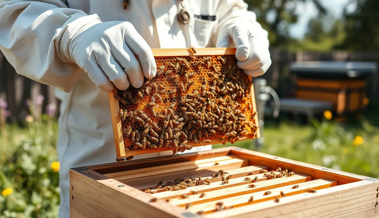 Beekeeper placing an Apivar varroa treatment strip between brood frames in a hive