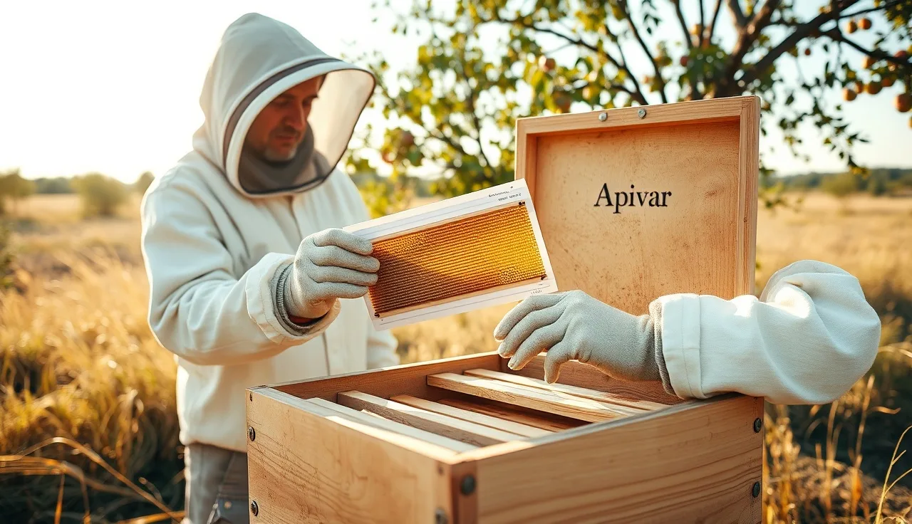 Beekeeper placing an Apivar strip into an open hive box during late summer treatment
