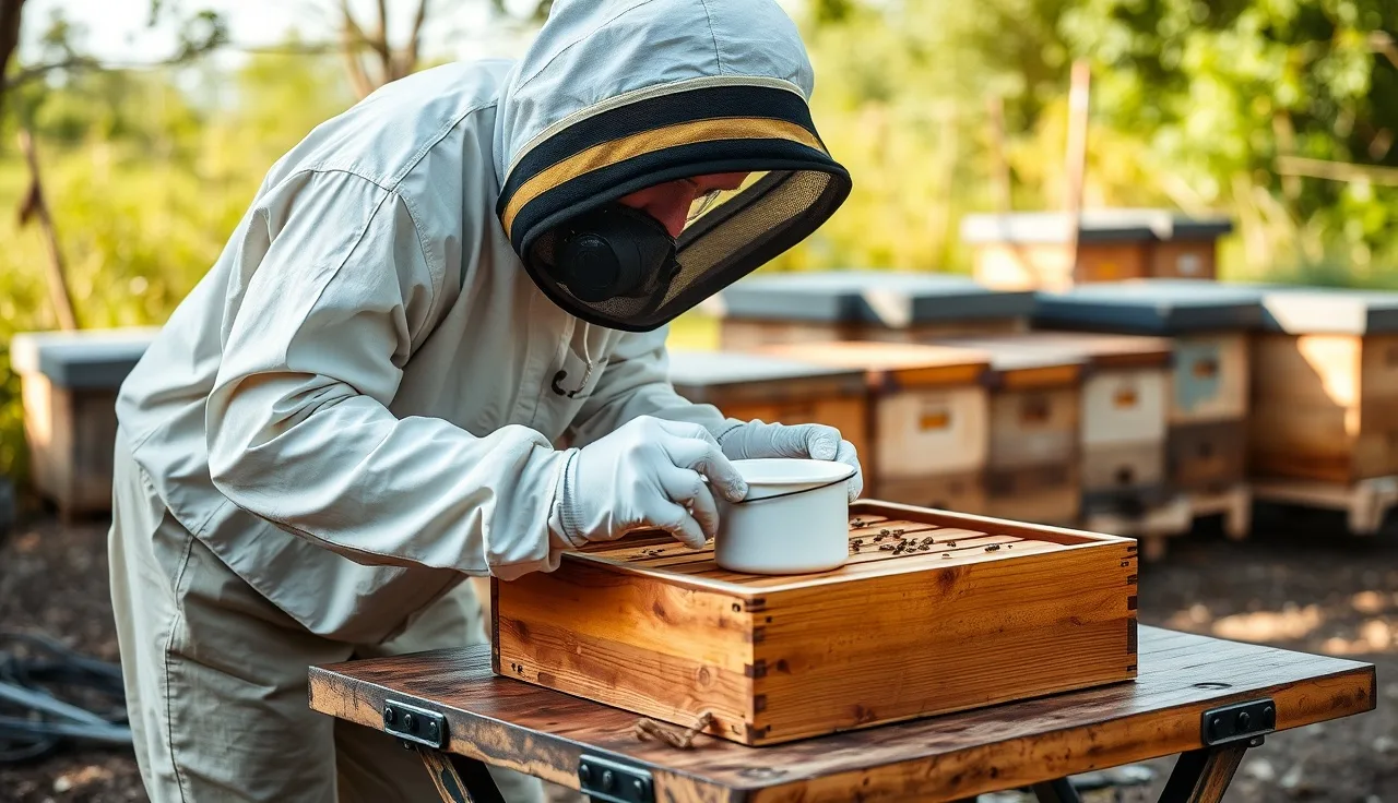 Beekeeper conducting alcohol wash varroa mite count beside a row of hives