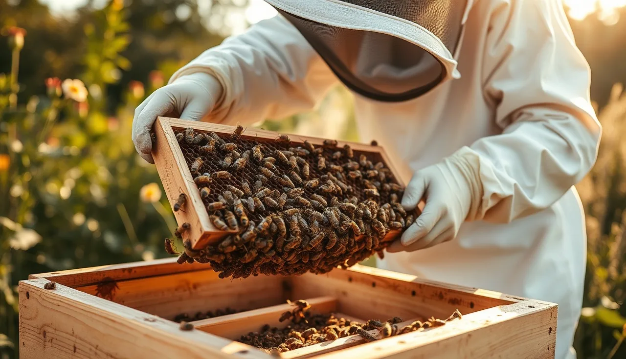 Beekeeper inspecting a brood frame covered with honey bees to check for varroa mites