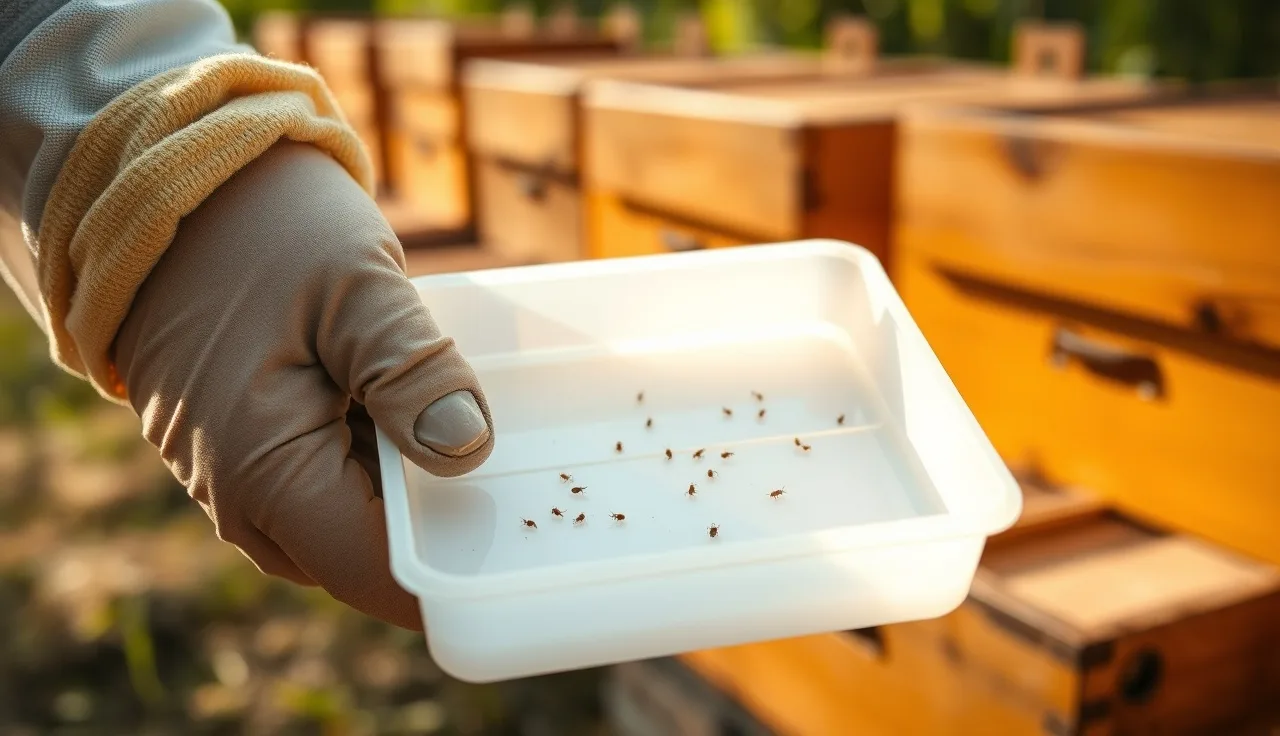 Beekeeper counting varroa mites on white tray after alcohol wash