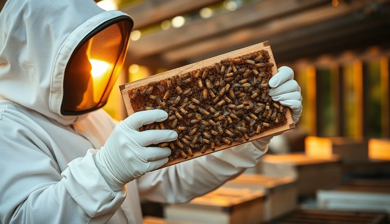 Beekeeper inspecting a frame of capped brood for varroa mites in afternoon light