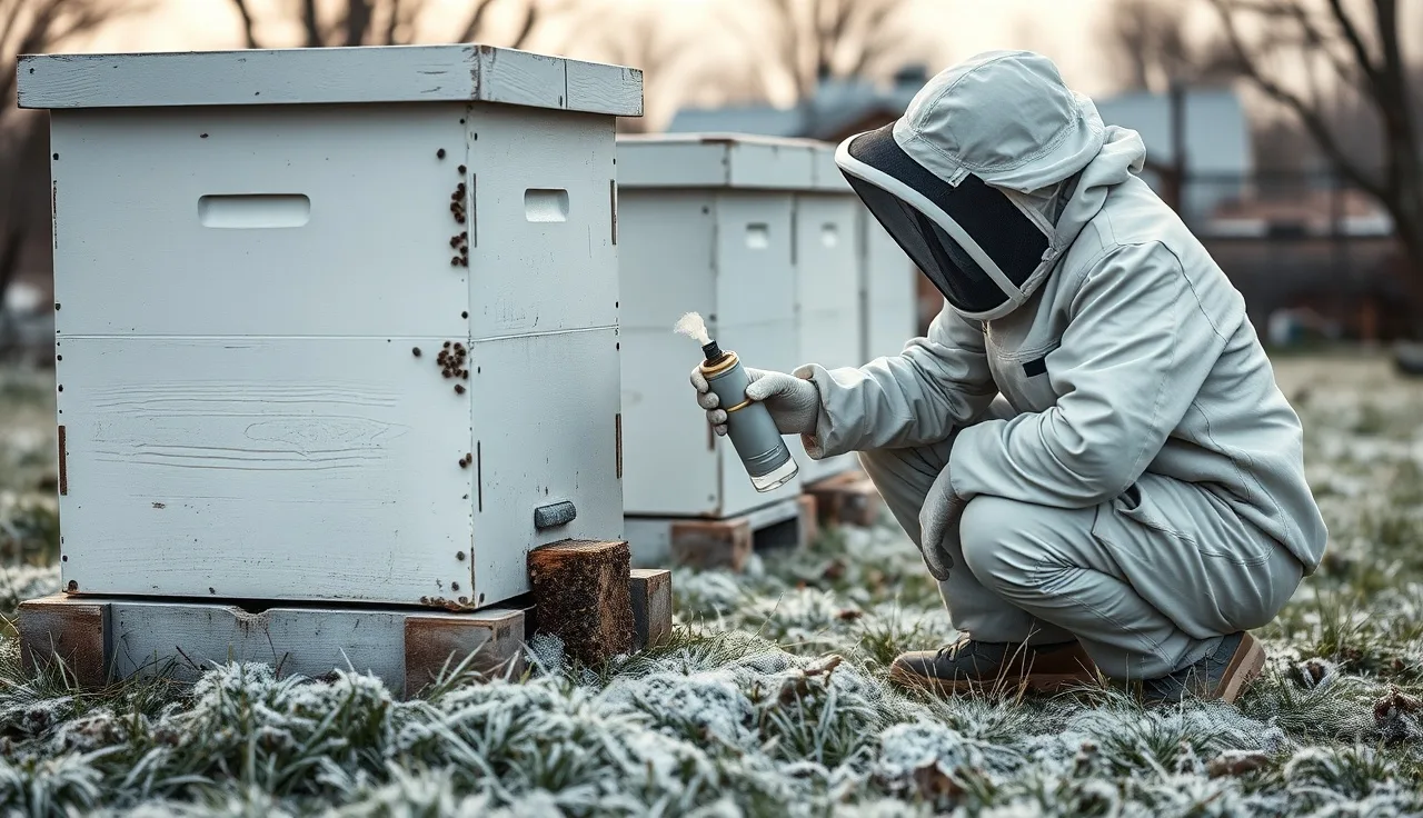 Beekeeper using an oxalic acid vaporizer at a hive entrance in winter