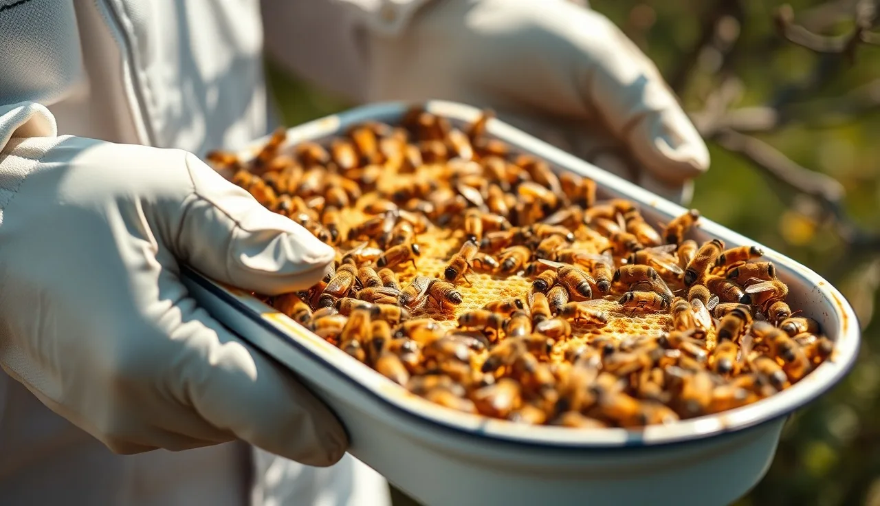 Beekeeper counting varroa mites on bees in a white alcohol wash tray