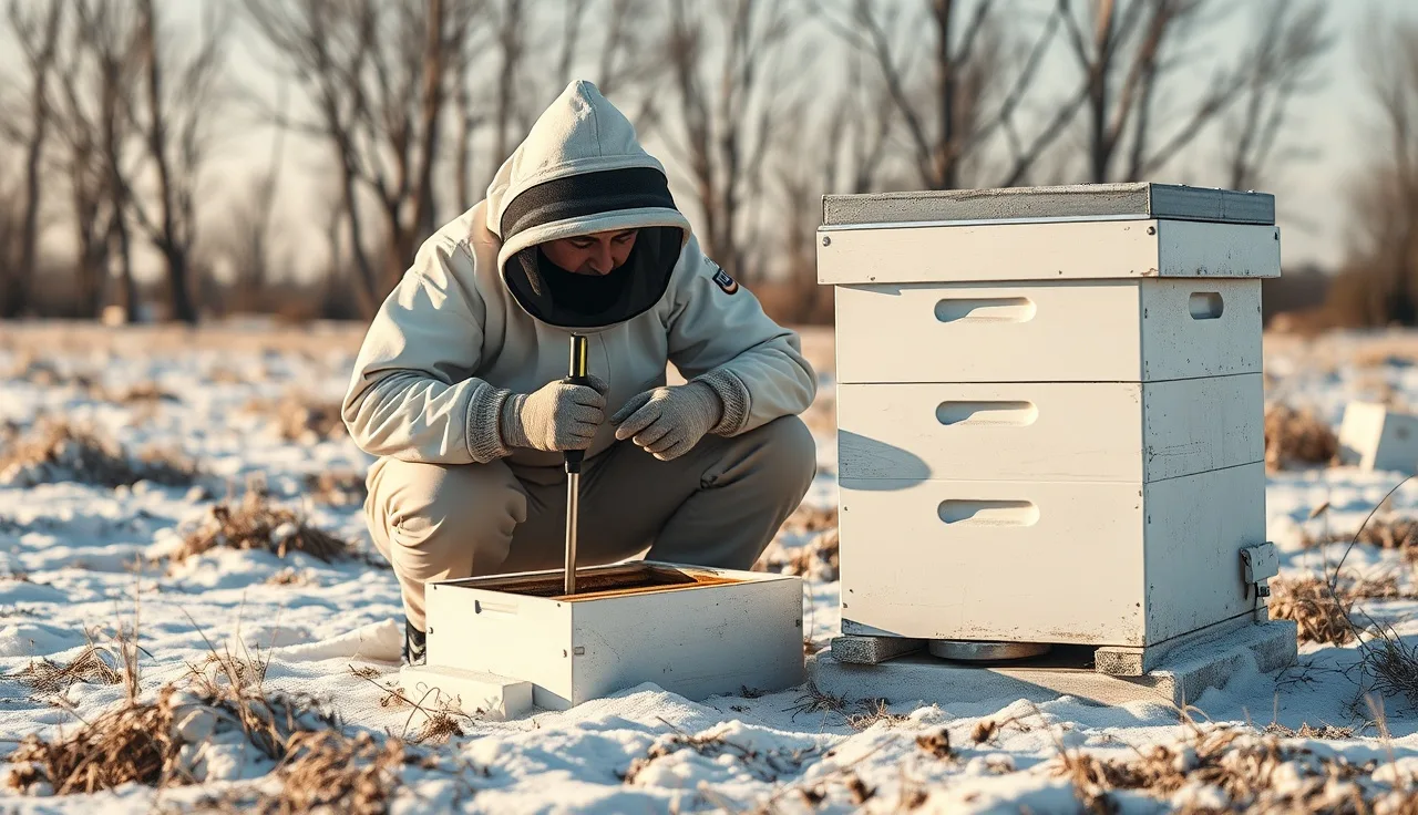 Beekeeper applying oxalic acid vaporizer to hive entrance in snowy winter field