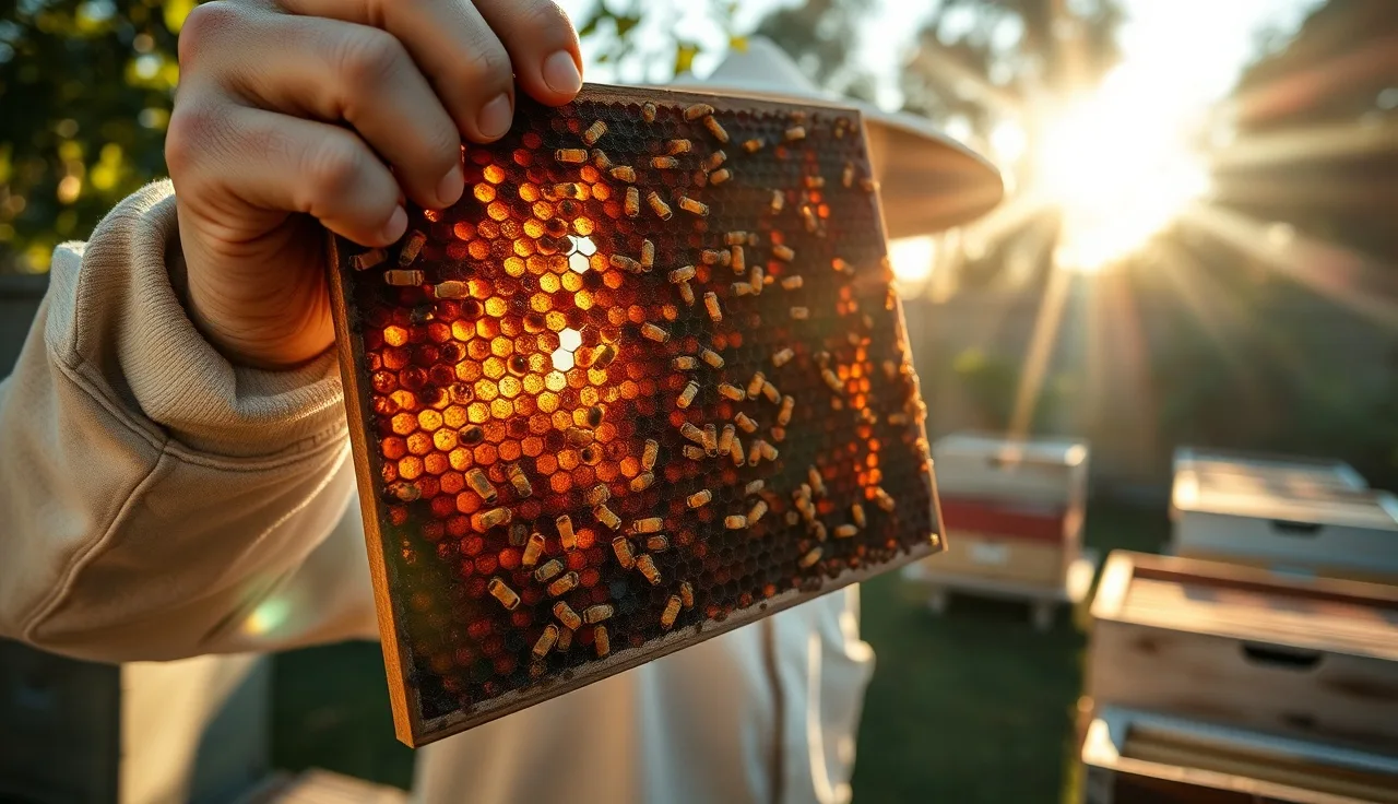 Beekeeper inspecting old dark brood comb frame in a backyard apiary