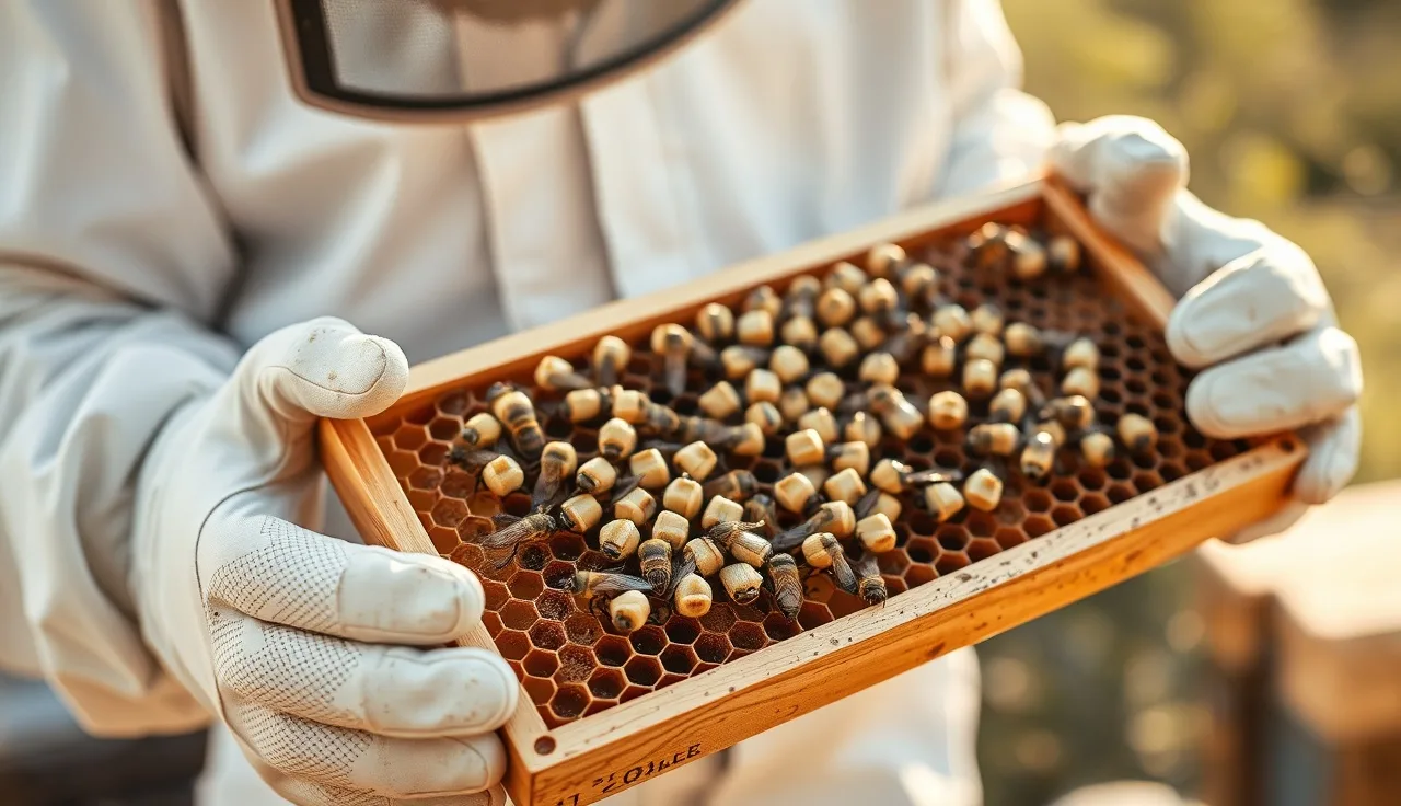 Beekeeper holding a drone brood trap frame with capped cells ready for removal