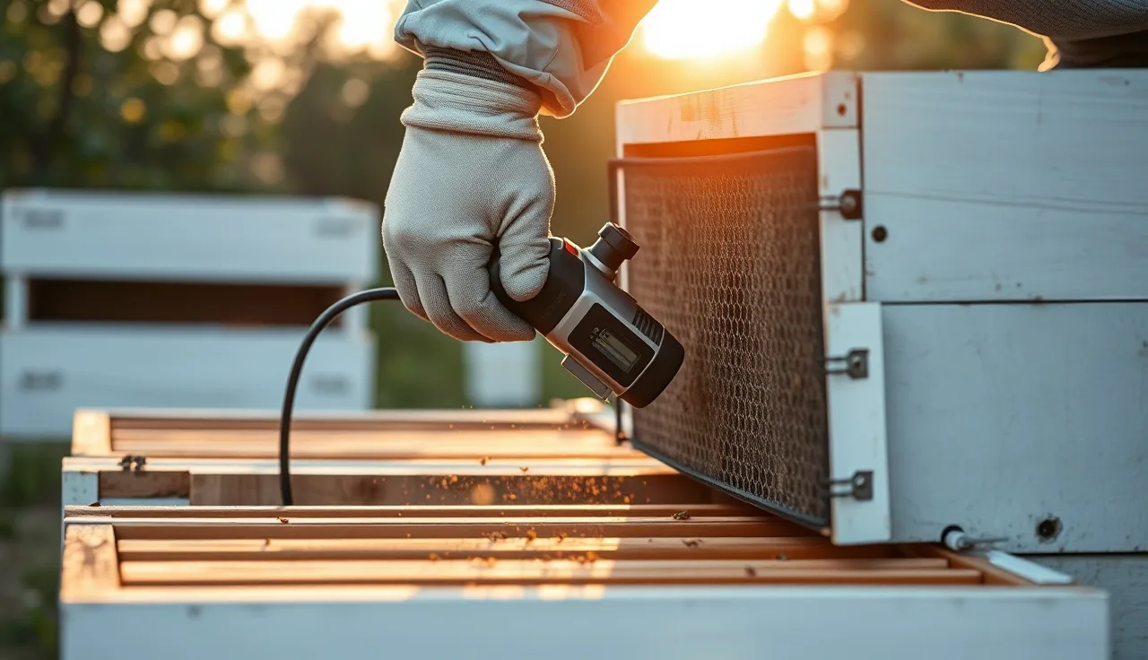 Beekeeper using oxalic acid vaporizer at a wooden beehive entrance at dawn