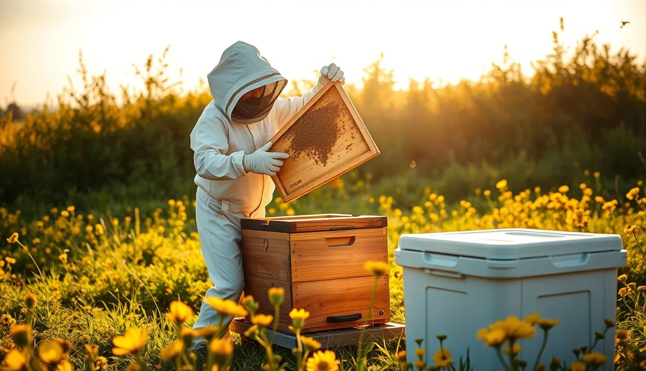 Beekeeper removing honey super from hive before adding varroa treatment strips